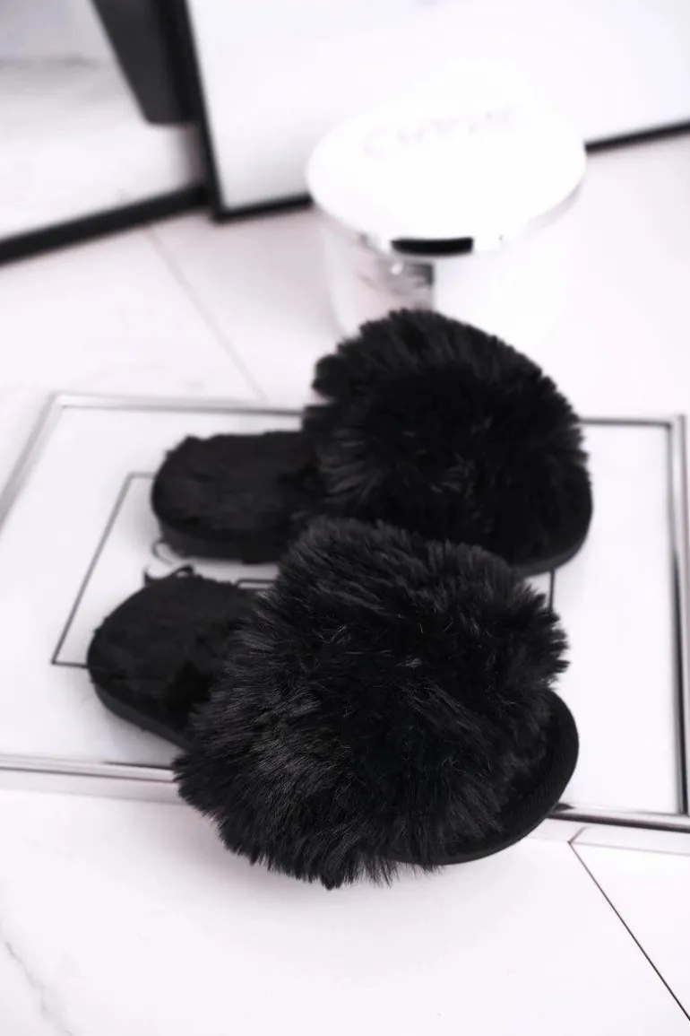 Dziecięce Papcie Klapki z Futerkiem Czarne Snow Ball