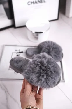 Dziecięce Papcie Klapki z Futerkiem Szare Snow Ball