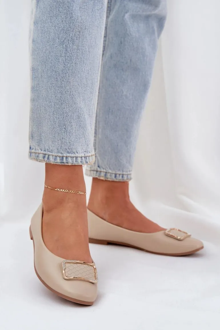 Eko Skórzane Baleriny Z Ozdobą Beżowe Tulnelia