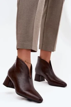 Eko Skórzane Botki Damskie Na Obcasie Czekoladowe Rylina