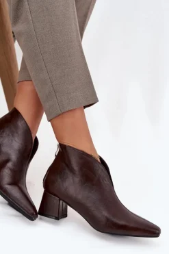 Eko Skórzane Botki Damskie Na Obcasie Czekoladowe Rylina