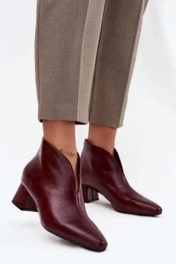 Eko Skórzane Botki Damskie Na Obcasie Bordowe Rylina
