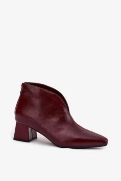 Eko Skórzane Botki Damskie Na Obcasie Bordowe Rylina