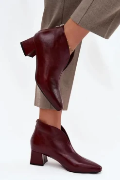 Eko Skórzane Botki Damskie Na Obcasie Bordowe Rylina