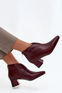 Eko Skórzane Botki Damskie Na Obcasie Bordowe Rylina