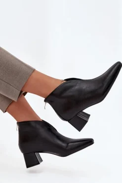 Eko Skórzane Botki Damskie Na Obcasie Czarne Rylina