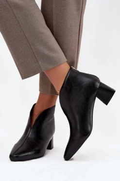 Eko Skórzane Botki Damskie Na Obcasie Czarne Rylina
