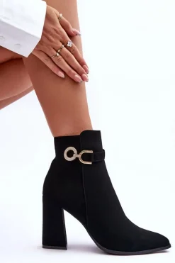 Eko Skórzane Botki Na Słupku Z Ozdobą Czarne Lymall