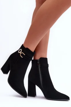 Eko Skórzane Botki Na Słupku Z Ozdobą Czarne Lymall