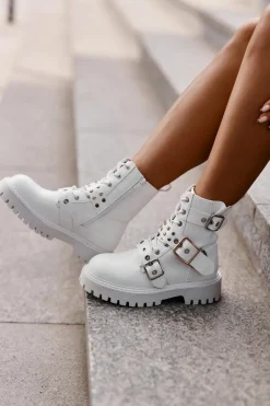 Eko Skórzane Botki Workery Z Klamrami Białe Serizia