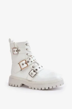 Eko Skórzane Botki Workery Z Klamrami Białe Serizia