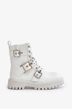 Eko Skórzane Botki Workery Z Klamrami Białe Serizia