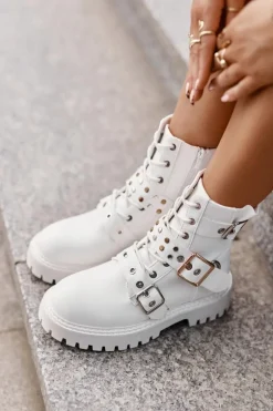 Eko Skórzane Botki Workery Z Klamrami Białe Serizia