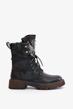 Eko Skórzane Botki Workery Ze Zdobieniem Ocieplane D&A MR880-080 Czarne