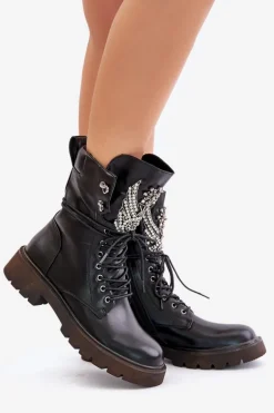 Eko Skórzane Botki Workery Ze Zdobieniem Ocieplane D&A MR880-080 Czarne