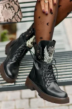 Eko Skórzane Botki Workery Ze Zdobieniem Ocieplane D&A MR880-080 Czarne