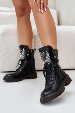 Eko Skórzane Botki Workery Ze Zdobieniem Ocieplane D&A MR880-080 Czarne