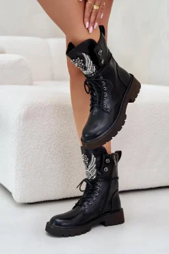 Eko Skórzane Botki Workery Ze Zdobieniem Ocieplane D&A MR880-080 Czarne