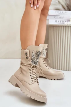 Eko Skórzane Botki Workery Ze Zdobieniem Ocieplane D&A MR880-080 Beżowe