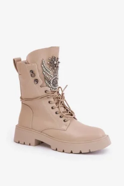 Eko Skórzane Botki Workery Ze Zdobieniem Ocieplane D&A MR880-080 Beżowe