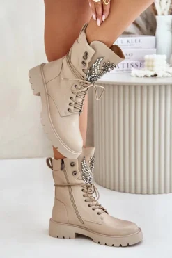 Eko Skórzane Botki Workery Ze Zdobieniem Ocieplane D&A MR880-080 Beżowe