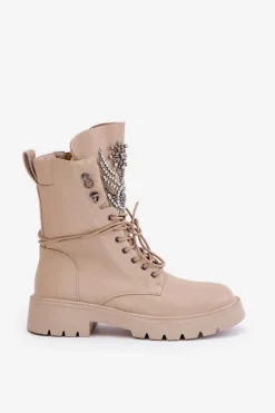 Eko Skórzane Botki Workery Ze Zdobieniem Ocieplane D&A MR880-080 Beżowe