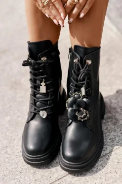 Eko Skórzane Botki Workery Damskie Z Przypinkami Czarne Rianael