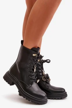 Eko Skórzane Botki Workery Damskie Z Przypinkami Czarne Rianael