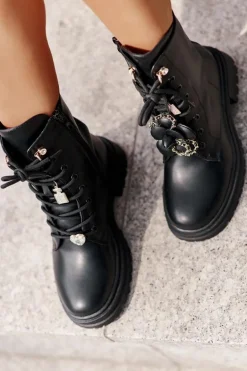 Eko Skórzane Botki Workery Damskie Z Przypinkami Czarne Rianael