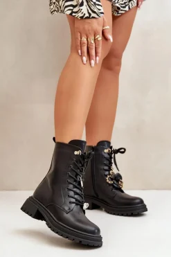 Eko Skórzane Botki Workery Damskie Z Przypinkami Czarne Rianael