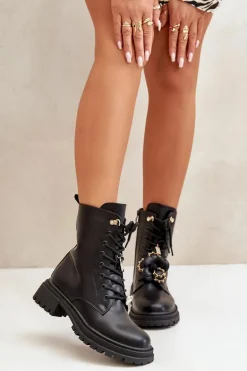 Eko Skórzane Botki Workery Damskie Z Przypinkami Czarne Rianael