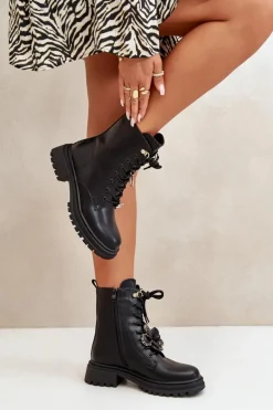 Eko Skórzane Botki Workery Damskie Z Przypinkami Czarne Rianael