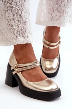 Eko Skórzane Czółenka Na Masywnym Obcasie Złote Halmina