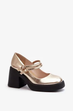 Eko Skórzane Czółenka Na Masywnym Obcasie Złote Halmina
