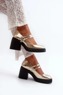 Eko Skórzane Czółenka Na Masywnym Obcasie Złote Halmina