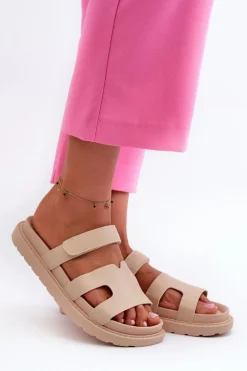 Eko Skórzane Klapki Damskie Na Rzep Jasnobeżowe Silaka