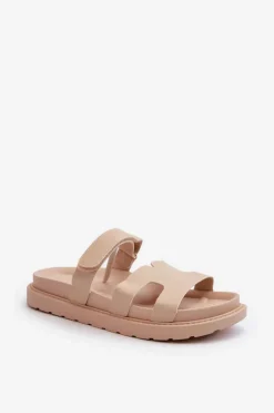 Eko Skórzane Klapki Damskie Na Rzep Jasnobeżowe Silaka