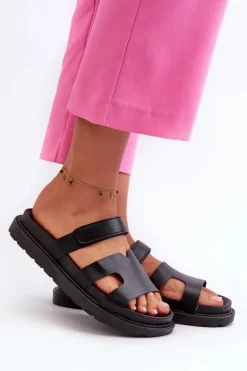 Eko Skórzane Klapki Damskie Na Rzep Czarne Silaka