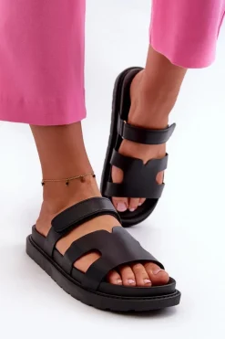 Eko Skórzane Klapki Damskie Na Rzep Czarne Silaka