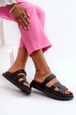 Eko Skórzane Klapki Damskie Na Rzep Czarne Silaka