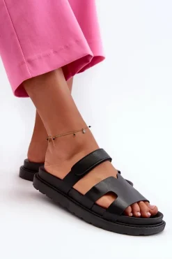 Eko Skórzane Klapki Damskie Na Rzep Czarne Silaka