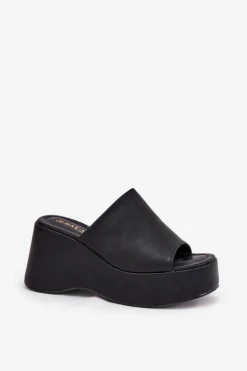 Eko Skórzane Klapki Damskie Na Platformie I Koturnie Czarne Kisoffi
