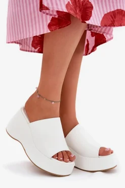 Eko Skórzane Klapki Damskie Na Platformie I Koturnie Białe Kisoffi