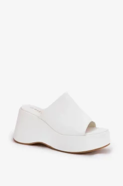 Eko Skórzane Klapki Damskie Na Platformie I Koturnie Białe Kisoffi