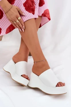 Eko Skórzane Klapki Damskie Na Platformie I Koturnie Białe Kisoffi