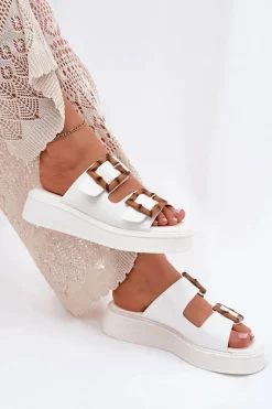 Eko Skórzane Klapki Damskie Na Platformie Z Klamrami Białe Xanivia