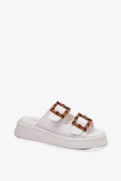 Eko Skórzane Klapki Damskie Na Platformie Z Klamrami Białe Xanivia