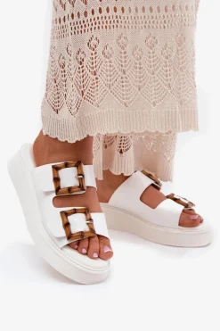 Eko Skórzane Klapki Damskie Na Platformie Z Klamrami Białe Xanivia