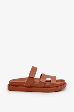 Eko Skórzane Klapki Damskie Na Rzep Camel Silaka