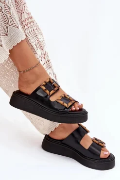 Eko Skórzane Klapki Damskie Na Platformie Z Klamrami Czarne Xanivia